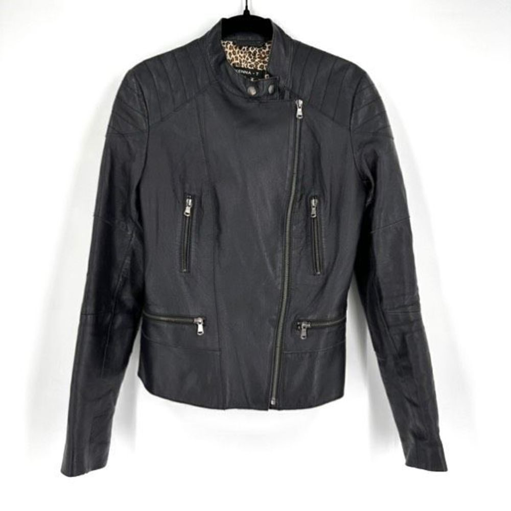 Kenna-T Women's Leather Leopart Print Lining Zip Up Moto Jacket Black Size Small